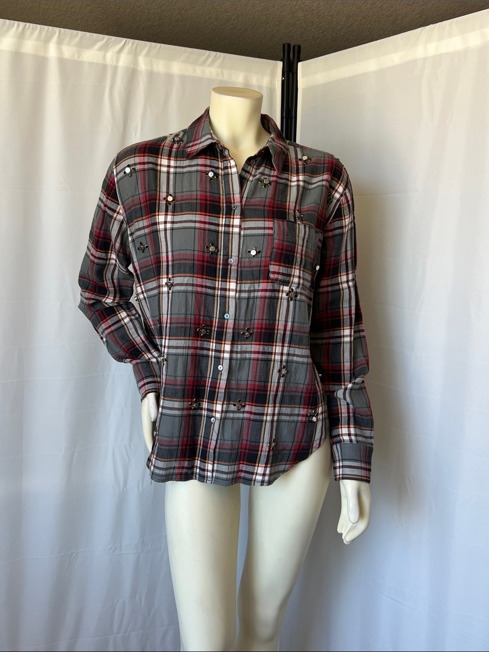Elizabeth and James Plaid Button-Down Shirt with Jewel Embellishments